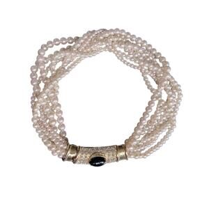 Vintage 90’s Multi Strand Art Deco Style Faux Pearl & CZ Choker